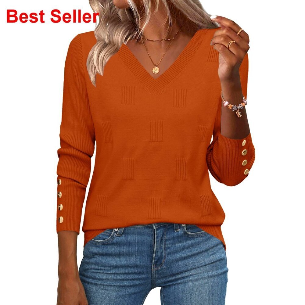 V-Neck Ribbed Knit Pullover Sweater with Button Cuffs Long Sleeve